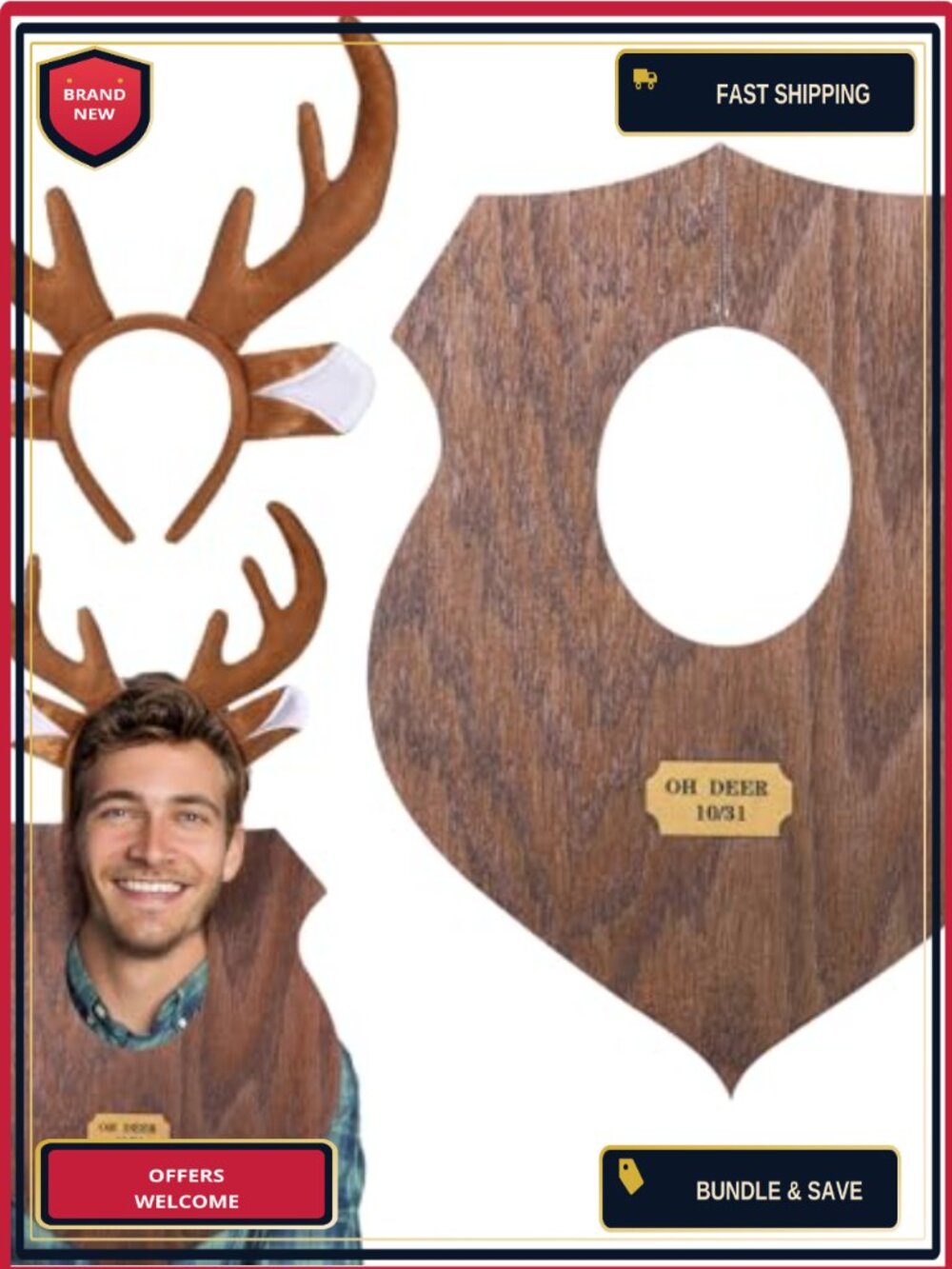 Deer Antler Headband & Trophy Costume Set Plush Faux Leather Halloween Party